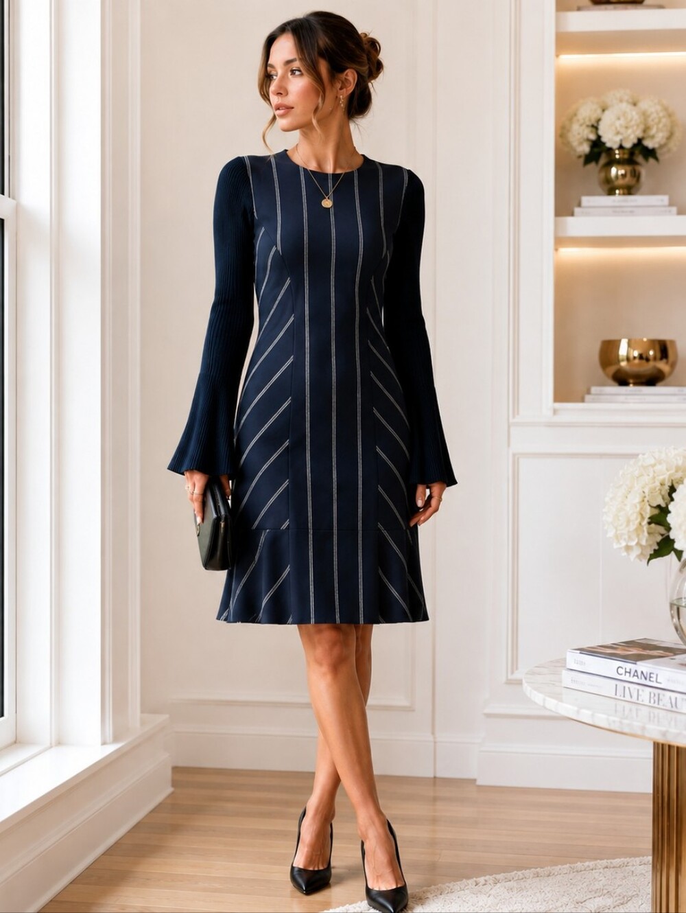 10 Crosby Derek Lam Striped Fit & Flare Dress Size 2 Bell Sleeve